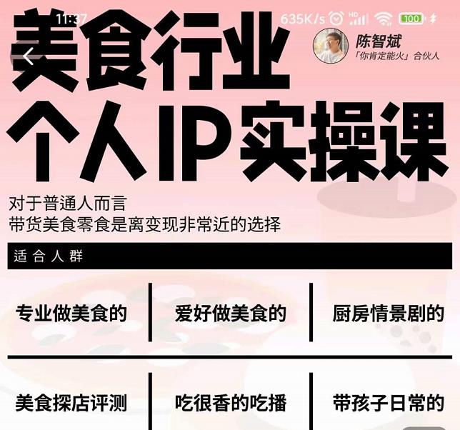 美食行业个人IP实操课，对于普通人而言，带货美食零食是离变现非常近的选择网创吧-网创项目资源站-副业项目-创业项目-搞钱项目八百网赚