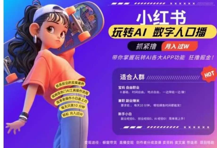 小红书数字人暴力起号，AI改写文案，流量火爆月入破W轻松拿捏，再也不用费劲录口播网创吧-网创项目资源站-副业项目-创业项目-搞钱项目八百网赚