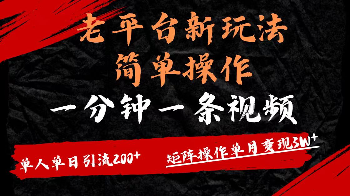 老平台，新玩法，简单操作，一分钟一条视频，单人单人引流200+矩阵操作，单月变现3W网创吧-网创项目资源站-副业项目-创业项目-搞钱项目八百网赚