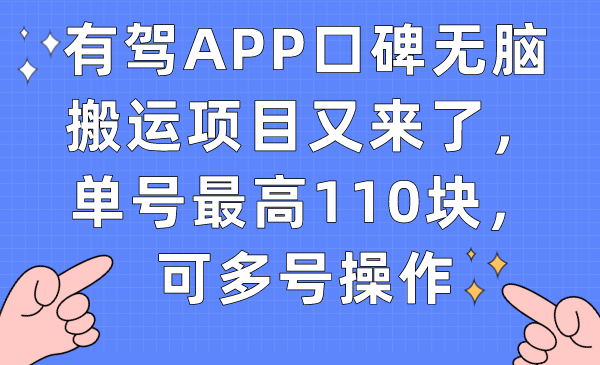 有驾APP口碑无脑搬运项目又来了，单号最高110块，可多号操作网创吧-网创项目资源站-副业项目-创业项目-搞钱项目八百网赚