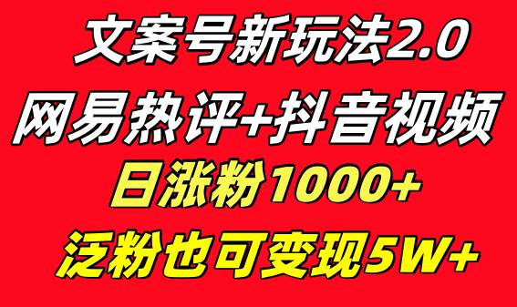 文案号新玩法 网易热评+抖音文案 一天涨粉1000+ 多种变现模式 泛粉也可变现网创吧-网创项目资源站-副业项目-创业项目-搞钱项目八百网赚