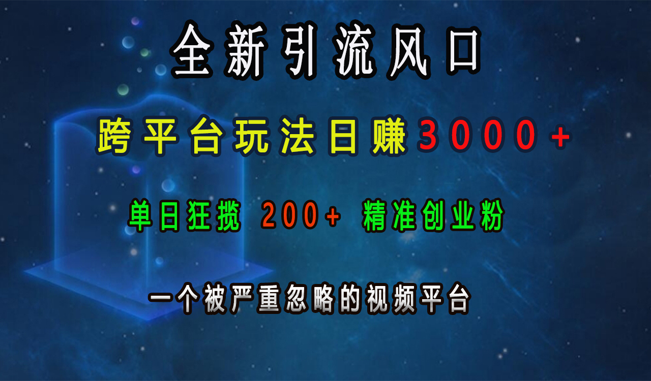 全新引流风口，跨平台玩法日赚3000+，单日狂揽200+精准创业粉，一个被严重忽略的视频平台网创吧-网创项目资源站-副业项目-创业项目-搞钱项目八百网赚