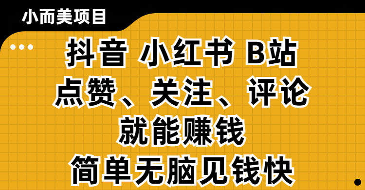 小而美的项目，抖音、小红书、B站视频点赞、关注、评论就能赚钱，简单无脑立见收益！妥妥的零撸项目网创吧-网创项目资源站-副业项目-创业项目-搞钱项目八百网赚