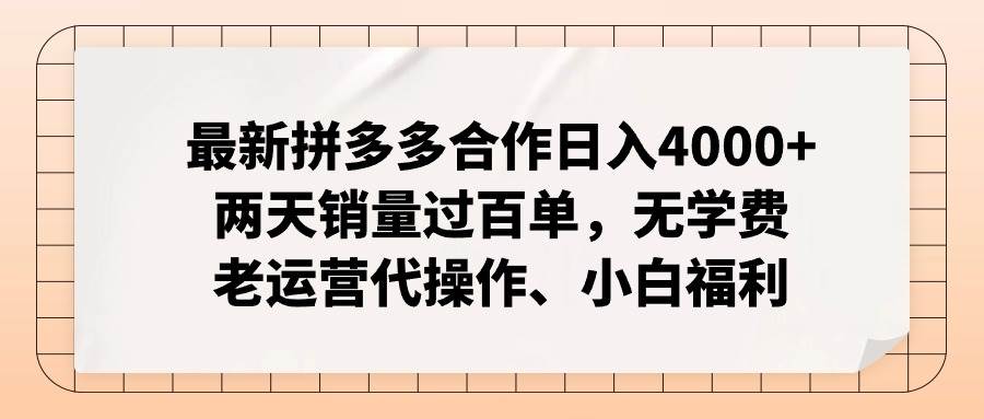 最新拼多多合作日入4000+两天销量过百单，无学费、老运营代操作、小白福利网创吧-网创项目资源站-副业项目-创业项目-搞钱项目八百网赚