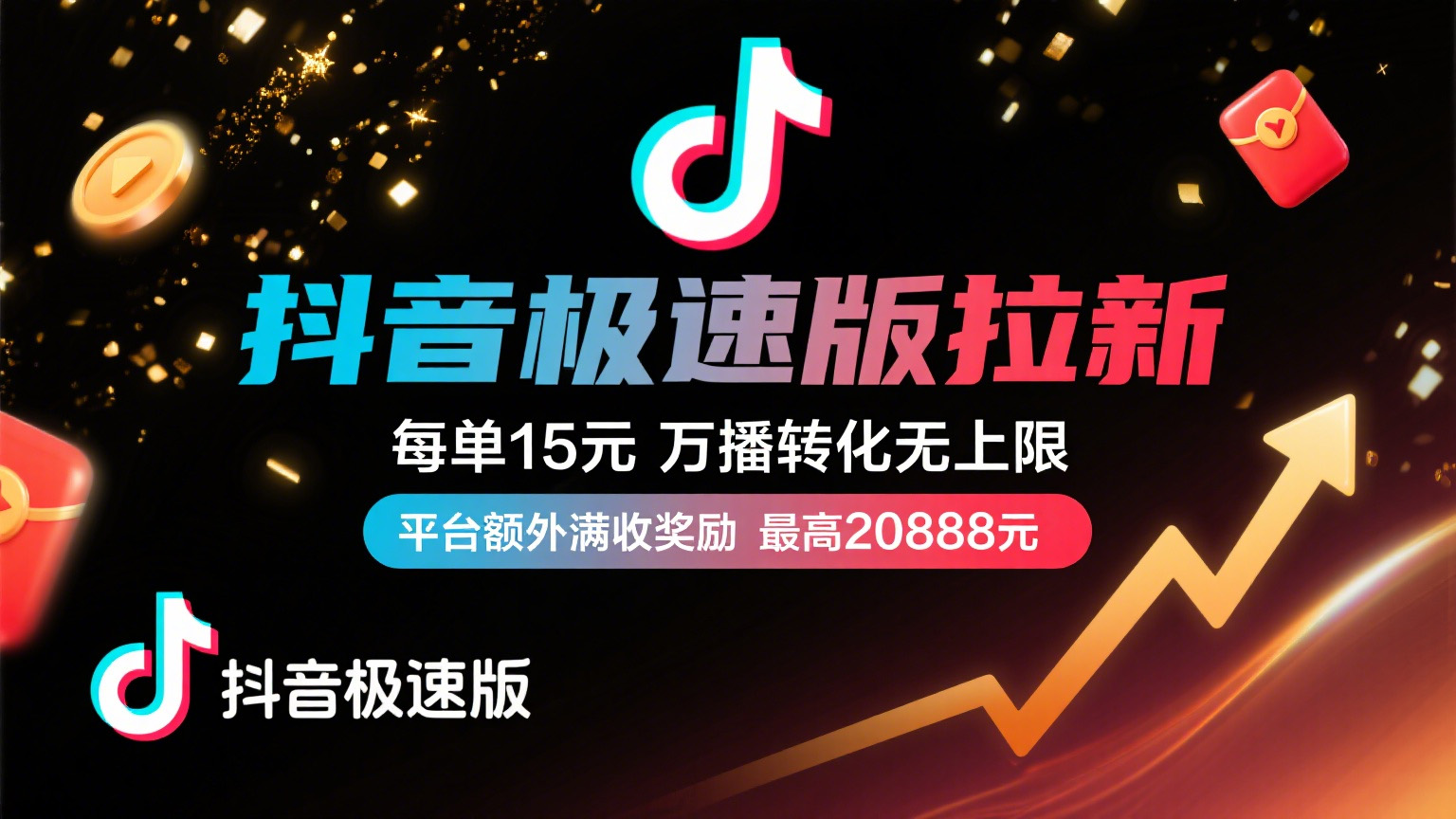 抖音极速版放福利，每单15元，万播转化无上限，平台额外满收奖励，最高可领20888元网创吧-网创项目资源站-副业项目-创业项目-搞钱项目八百网赚